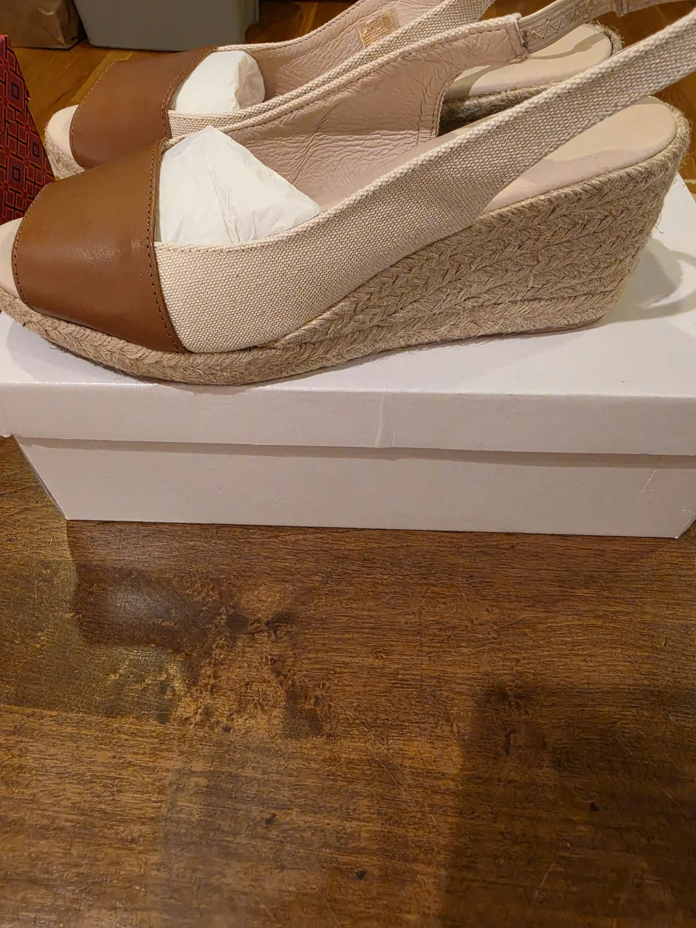 Eric Michael Tan Leather and Cream Canvas Espadrille Wedges